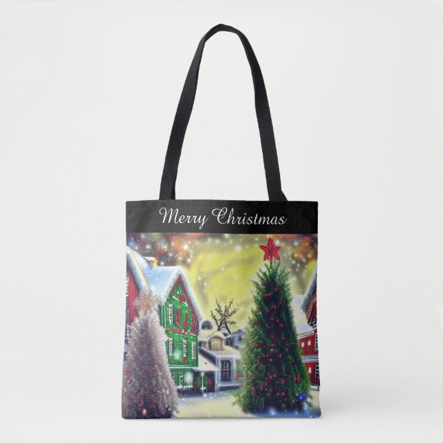 Winter Christmas Village Scene With Text Tote Bag (Front)