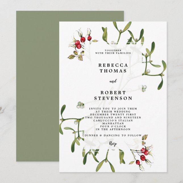 winter christmas wedding invitation mistletoe (Front/Back)