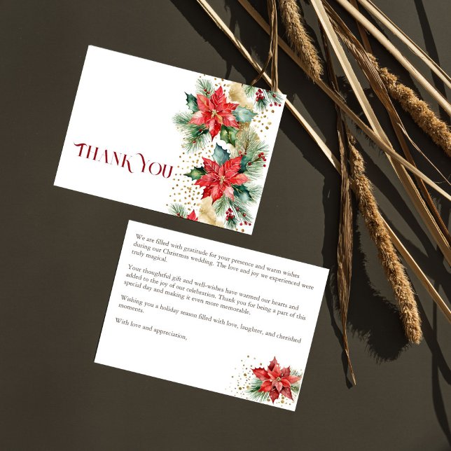 Winter Christmas wedding poinsettia gold thank you (Winter Christmas wedding watercolor pines poinsettia gold sprinkles thank you card)