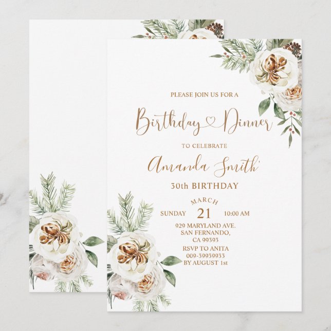Winter Christmas White Floral Birthday 30th Dinner Invitation (Front/Back)