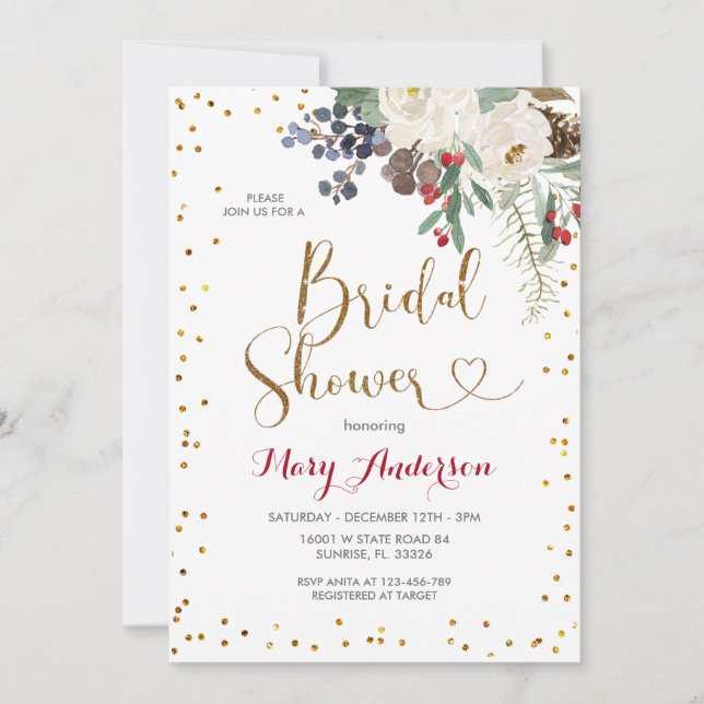Winter Christmas White Floral Bridal Shower  Invitation (Front)