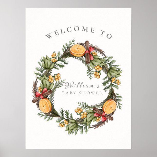 Winter Christmas Wreath Baby Shower Welcome Poster (Front)
