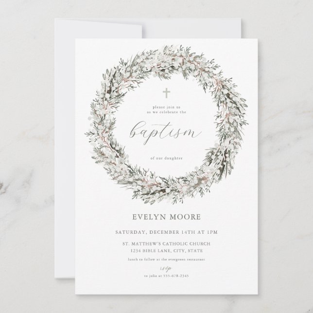 Winter Christmas Wreath Baptism Invitation (Front)