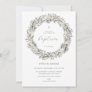 Winter Christmas Wreath Baptism Invitation