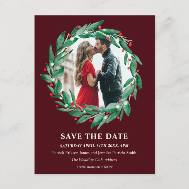 Winter Christmas wreath rerd wedding save the date Announcement Postcard (Front)