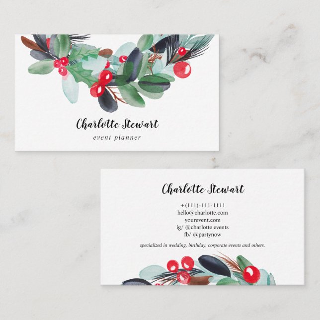 Winter Christmas wreath watercolor event planner Business Card (Front/Back)