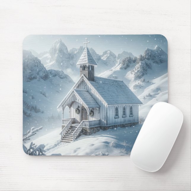 Winter Church In The Mountains Mouse Mat (With Mouse)