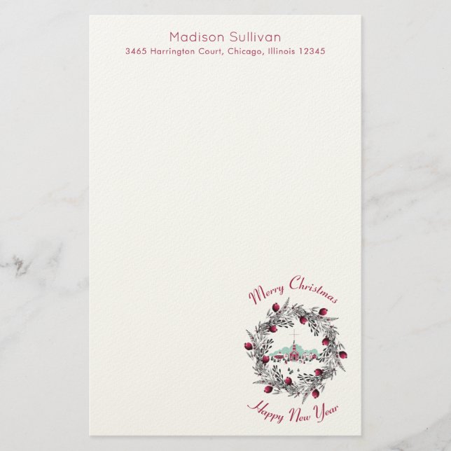 Winter Church with Christmas Wreath Personalised Stationery (Front)