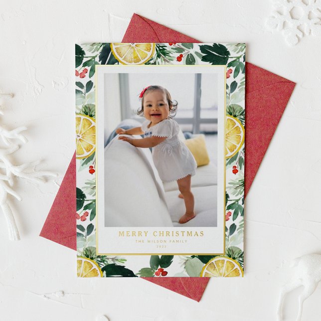 Winter Citrus and Greenery Pattern Photo Christmas Foil Holiday Card (Creator Uploaded)