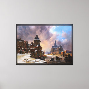 Winter Cityscape With Frozen River Classical Art Canvas Print