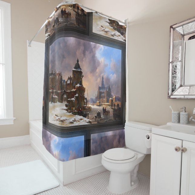 Winter Cityscape With Frozen River Classical Art Shower Curtain (In Situ)