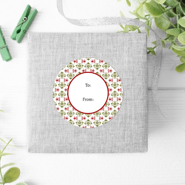 Winter Classic Red Green Damask Christmas Classic Round Sticker (Creator Uploaded)