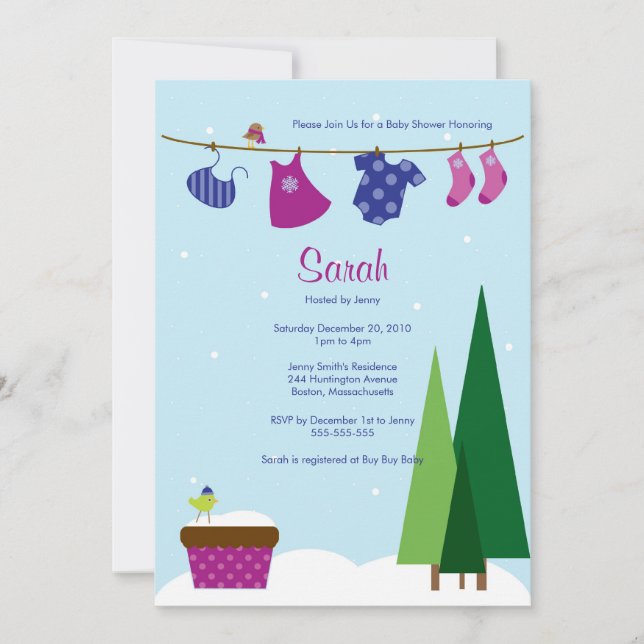 Winter Clothesline Baby Girl Shower Invite (Front)