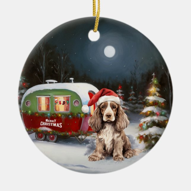 Winter Cocker Spaniel Caravan Christmas Adventure Ceramic Tree Decoration (Front)