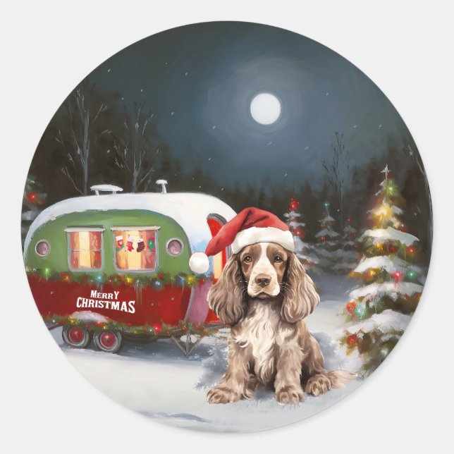 Winter Cocker Spaniel Caravan Christmas Adventure Classic Round Sticker (Front)