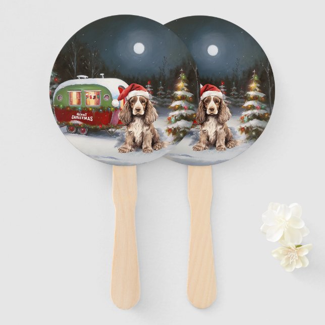 Winter Cocker Spaniel Caravan Christmas Adventure Hand Fan (Front and Back)