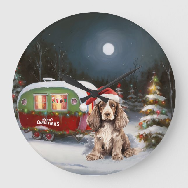 Winter Cocker Spaniel Caravan Christmas Adventure Large Clock (Front)