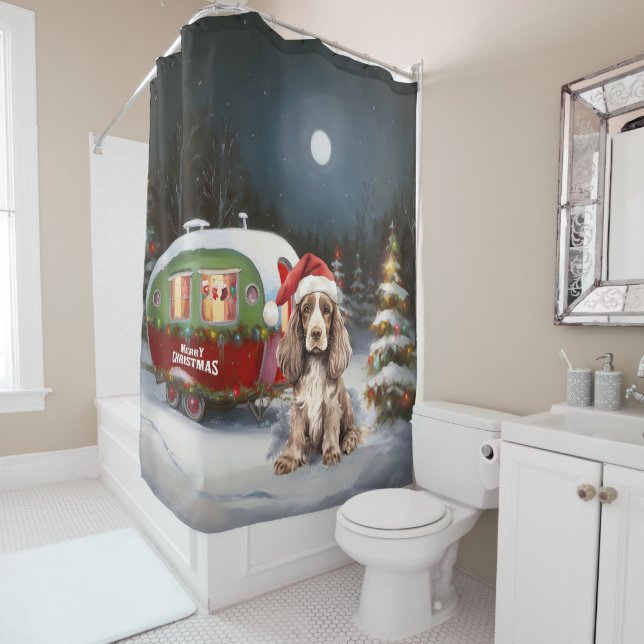Winter Cocker Spaniel Caravan Christmas Adventure Shower Curtain (In Situ)