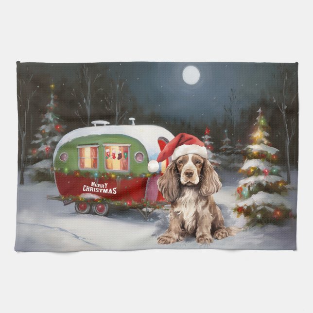 Winter Cocker Spaniel Caravan Christmas Adventure Tea Towel (Horizontal)