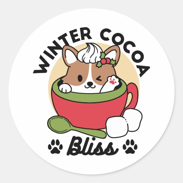 Winter Cocoa Bliss - Cute Dog in Mug Design Classic Round Sticker (Front)