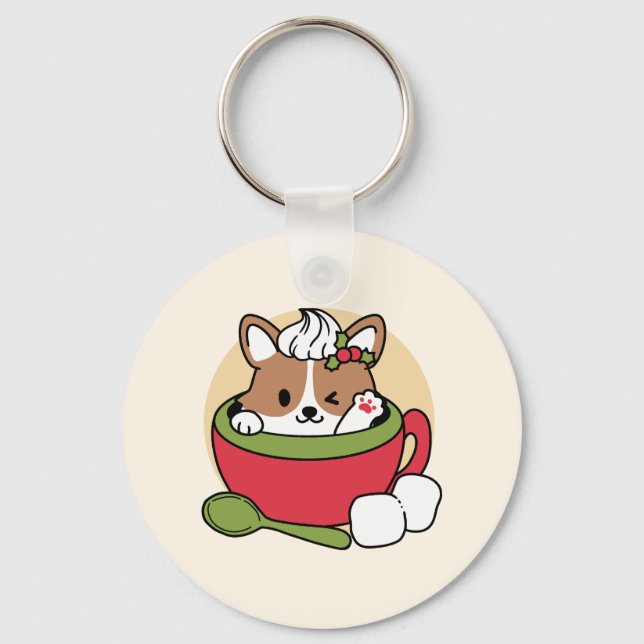 Winter Cocoa Bliss - Cute Dog in Mug Design Key Ring (Front)