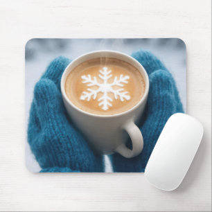 Winter Coffee With Mittens and Snowflake Mouse Mat