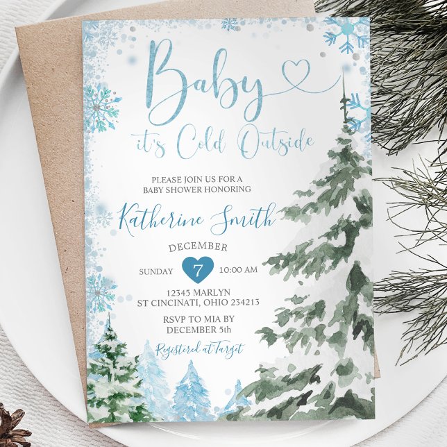 Winter Cold Baby Shower Forest Blue Snowflakes Invitation (Creator Uploaded)