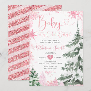Winter Cold Baby Shower Forest Pink Snowflakes Invitation
