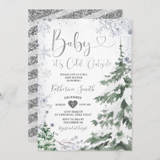 Winter Cold Baby Shower Forest Silver Snowflakes Invitation (Front/Back)