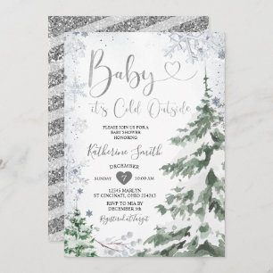 Winter Cold Baby Shower Forest Silver Snowflakes Invitation