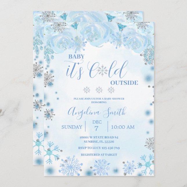Winter Cold Outside Blue Snowflake Baby Shower Invitation (Front/Back)