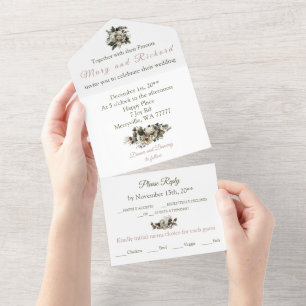 Winter Conifer Floral Cream Peony Elegant Wedding All In One Invitation