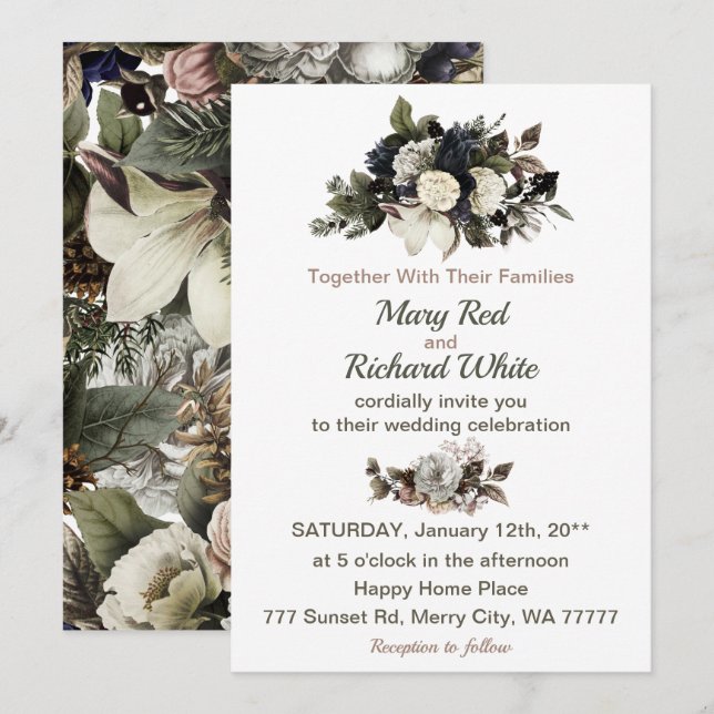 Winter Conifer Floral Magnolia Peony Roses Wedding Invitation (Front/Back)