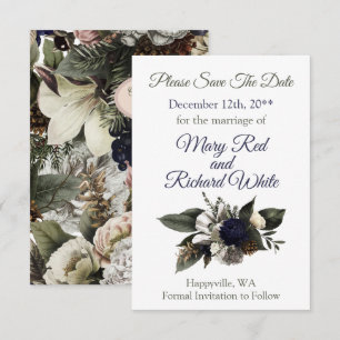 Winter Conifer Floral Navy Cream Peony Wedding Save The Date