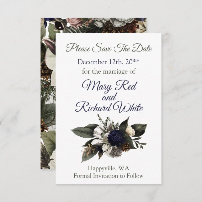 Winter Conifer Floral Navy Cream Peony Wedding Save The Date (Front/Back)