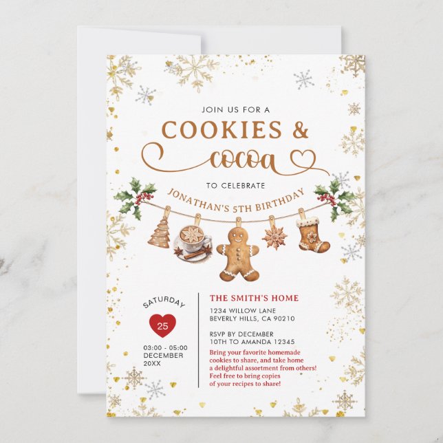 Winter Cookies & Cocoa Birthday Gold Snowflakes Invitation (Front)