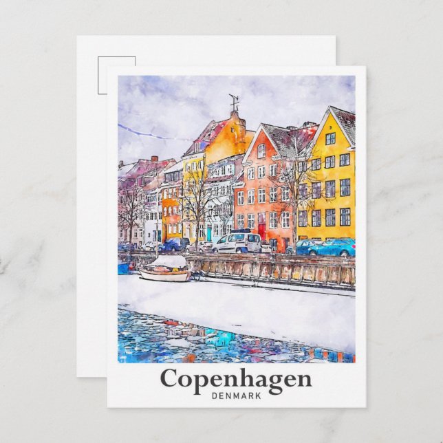 Winter Copenhagen Denmark Watercolor Hand Drawn Postcard (Front/Back)