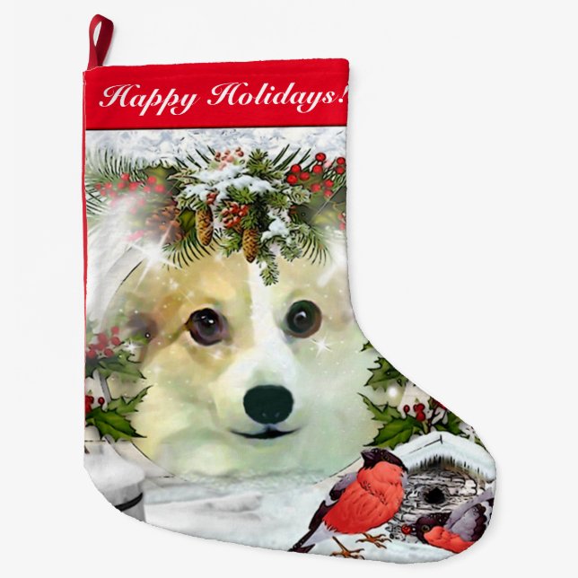 Winter Corgi Holiday Large Christmas Stocking (Front)