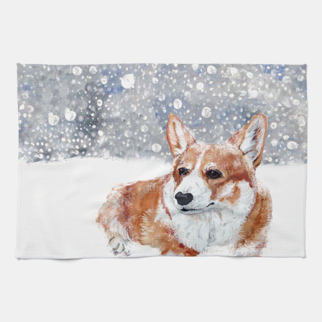 Winter Corgi Tea Towel (Horizontal)