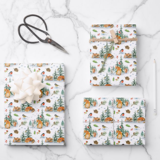 Winter Cosy Nature Fox Rabbit Birds Pine Cones  Wrapping Paper Sheet (Front)
