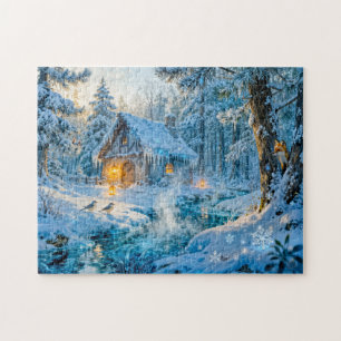 Winter Cottage by the Forest Stream Jigsaw Puzzle