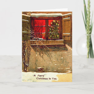 Winter Cottage Candlelit Christmas Tree Window Holiday Card