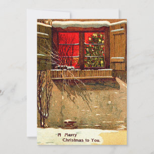 Winter Cottage Candlelit Christmas Tree Window Invitation