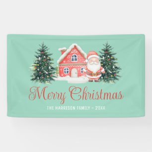 Winter Cottage Christmas Trees Santa Green Banner