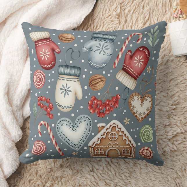 Winter Cottage - Mittens, Gingerbread & Sweets (3) Cushion (Blanket)