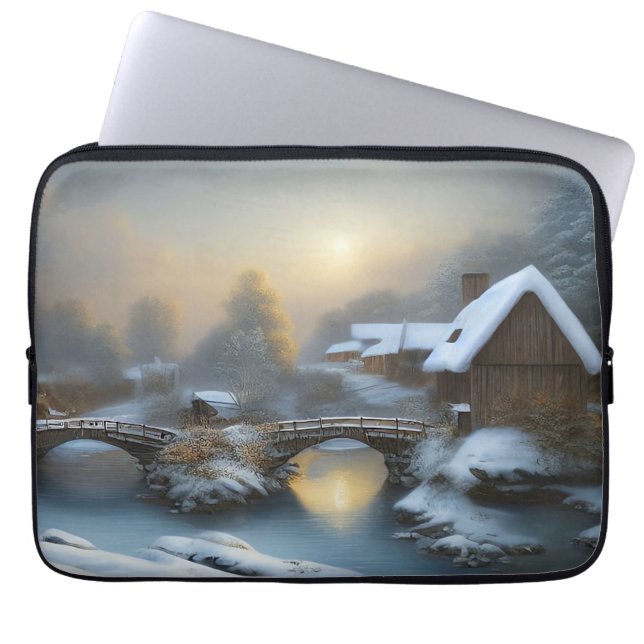 Winter Cottage Scene Laptop Sleeve (Front)