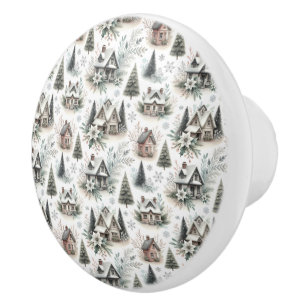 Winter Cottage Snowfall Pattern Ceramic Knob