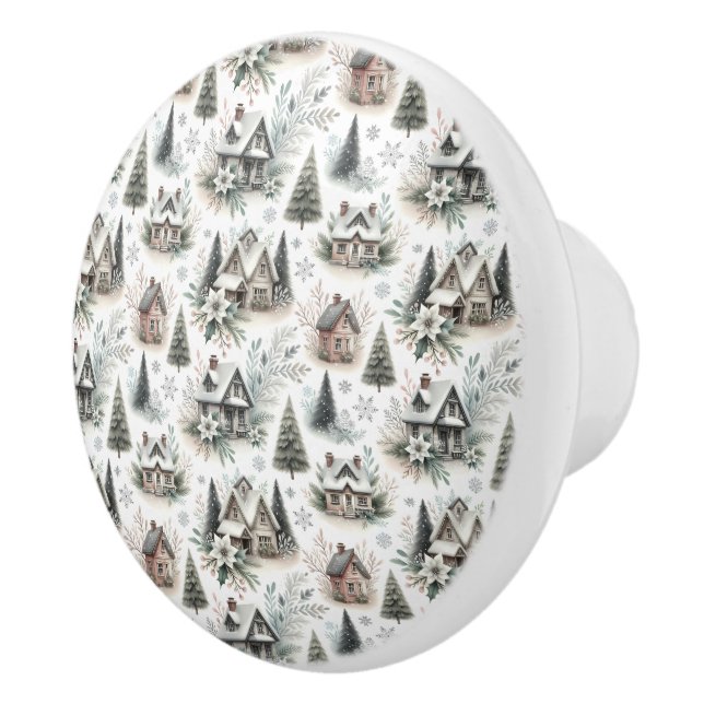 Winter Cottage Snowfall Pattern Ceramic Knob (Right)