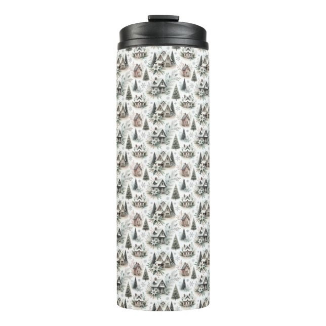 Winter Cottage Snowfall Pattern Thermal Tumbler (Front)