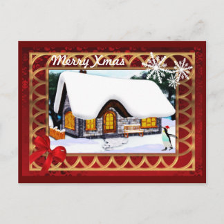Winter cottage snowsene with penguin  christmas holiday postcard